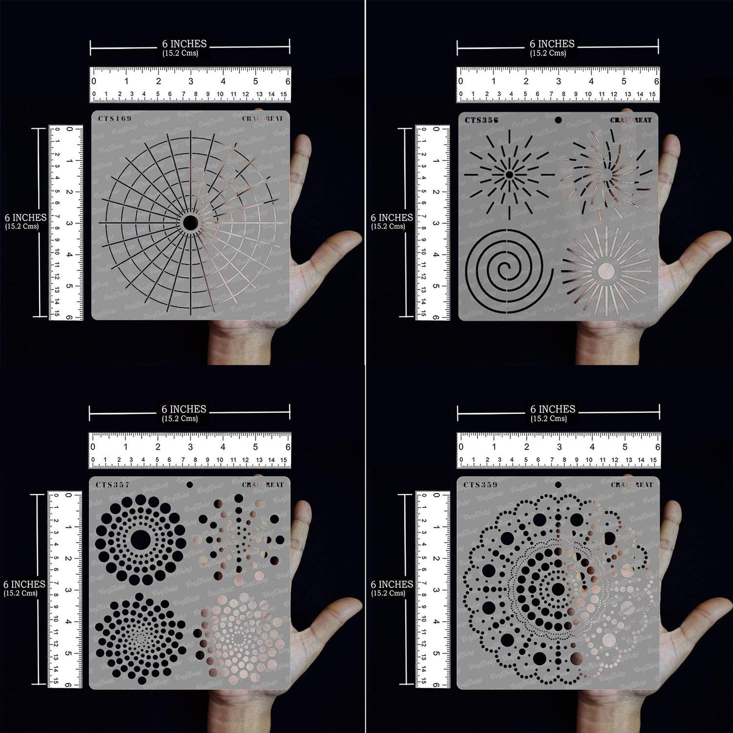 CrafTreat Reusable Dot Mandala Stencils for Painting on Wood, Canvas, Paper, Floor, Wall and Tile - Dot Mandala Basics, Outlines, Round and Radar - 4 Pcs - 6x6 Inches Each - DIY Craft Stencils
