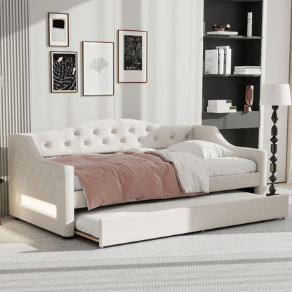 GDFStudio Twin XL Upholstered Daybed with Linen Fabric, LED Lighting Belt, Pull-Out Trundle, Sturdy Pine Wood Frame with Slats, Modern Beige Platform Bed for Users, No Box Spring Required, Beige