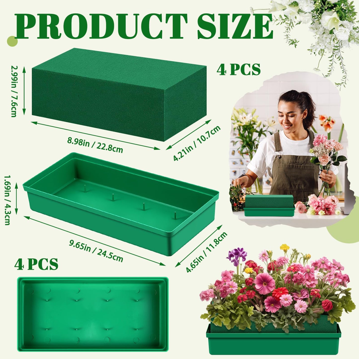 Teenyyou 4 Pack Large Size Floral Foam with Bowl 9.65" l x 4.65" W x 3" H Rectangle Wet Floral Foam Cage Blocks Flower Arrangements Supplies for Table Party Festival Flower Decor