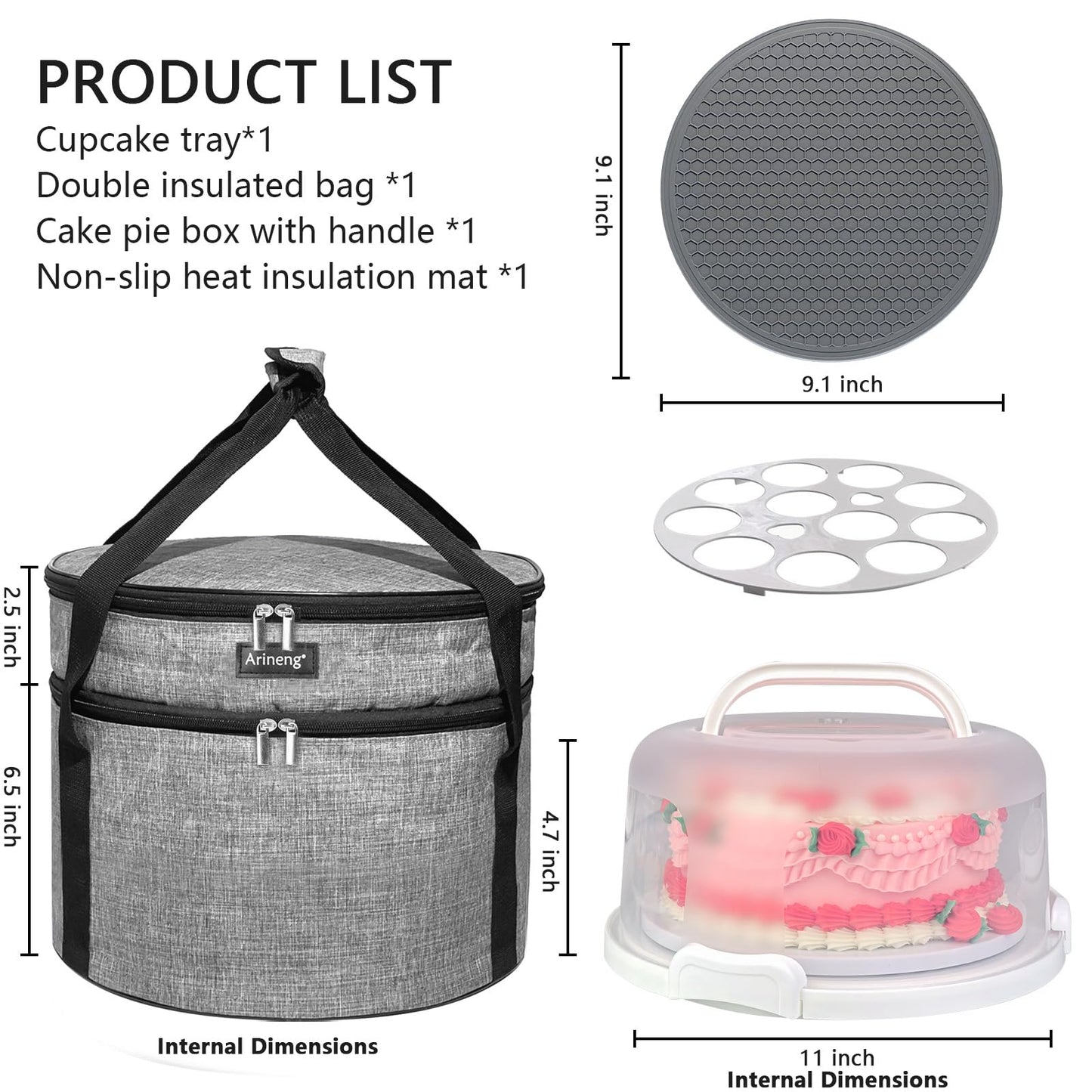 Arineng 10 inch Round Cake Carrier Box with Lid and Handle, Transportation Insulated Bag for Cakes, Cupcakes and Pies, Triple Locking Design for Safe Transportation (Grey, 5.5 Inches High)