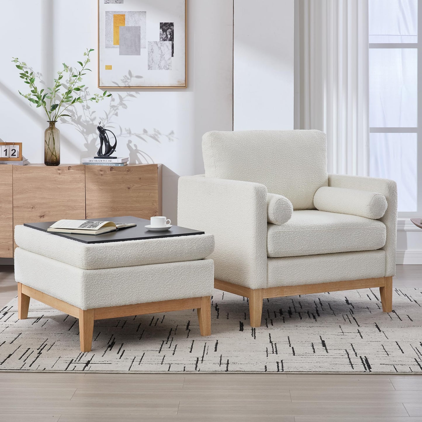 KEIKI 35.4" W Upholstered Accent Chair with Pillow, Ottoman with Convertible Reversible Lid Coffee Table & Storage, Farmhouse Boucle Single Seat Sofa Wood Legs, Ivory and Natural