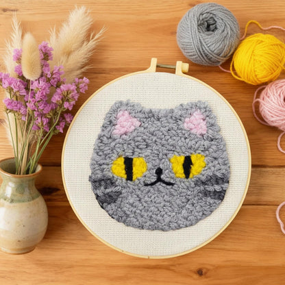 HGUANGJ Punch Needle Coasters Kit, Easy Punch Needle Kit for Beginners Adults, Cat Coasters Kit with Adhesive Felt, Hoop, Yarn,Threader