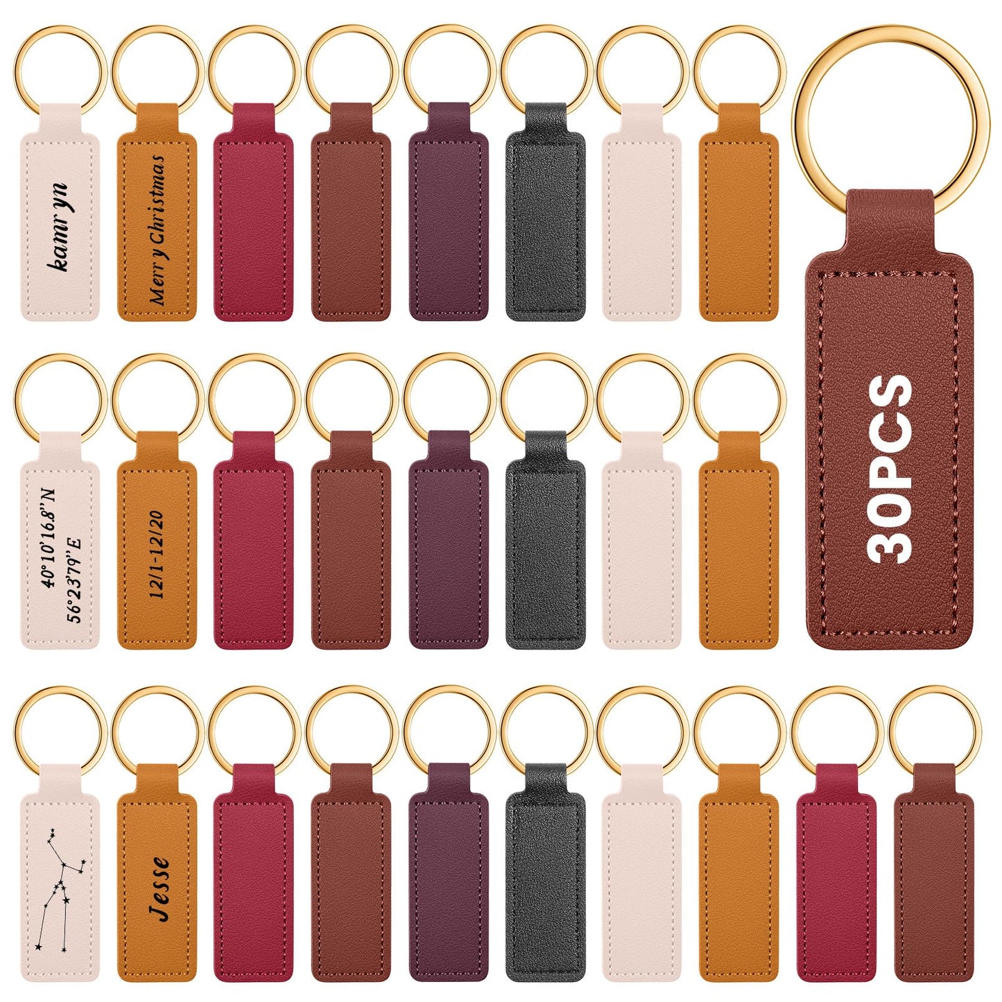 Wavyknot 30 Pcs Leather Keychains Blank Bulk PU Leather Laser Engraving Keychains for Men Women Birthday Party Gifts (Deep Color)