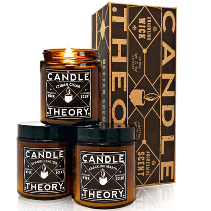 Scented Candle Gift Set of 3, 4oz Candles, Crackling Wood Wick Candled for Home, 3 Scents Cuban Cigar, Spanish Leather, Crackling Hearth, Mens Candle Bachelor Pad Decor Man Cave Decor