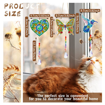 Yulejo 6 Pcs Diamond Painting Suncatcher Diamond Painting Art Kit for Adult Double Sided Diamond Painting Hanging Ornament Butterfly Heart Hummingbird Crystal Suncatcher Wind Chime Home Decoration
