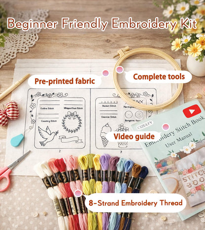 CIZULFY Beginner Embroidery Stitch Book Kit with Pre-Printed Fabric, 30 Essential Stitches and Practice Patterns(Floral Animal etc), Embroidery Beginner kit Adult with Tool and Video Guide