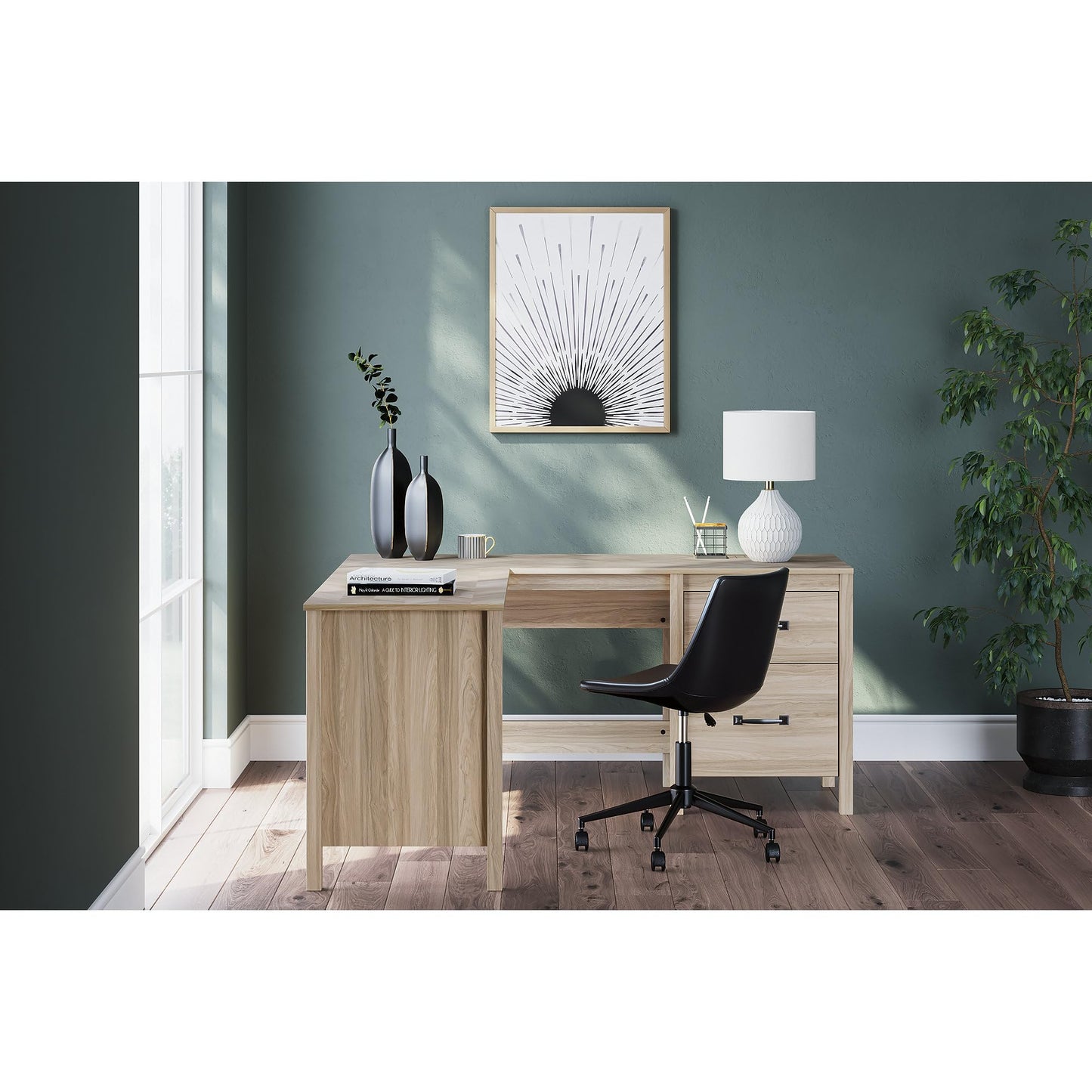 Signature Design by Ashley Battelle Scandinavian 60" Home Office Desk with Return, Drawer and Cabinet, Light Brown