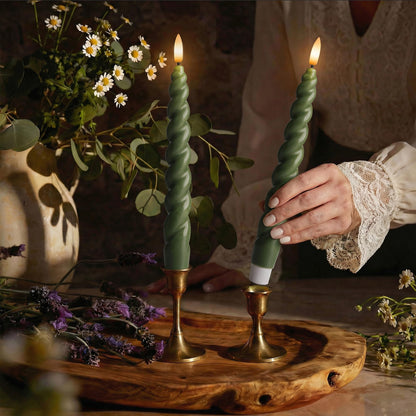 West Ivory Full Twisted Spiral Flameless LED Taper Candles – Loden Green, Set of 2 – 2/4/6/8-Hr Timer (24-Hr Memory), Remote, Dimmable, Bottom On/Off Button, Flicker/Steady, Battery Operated