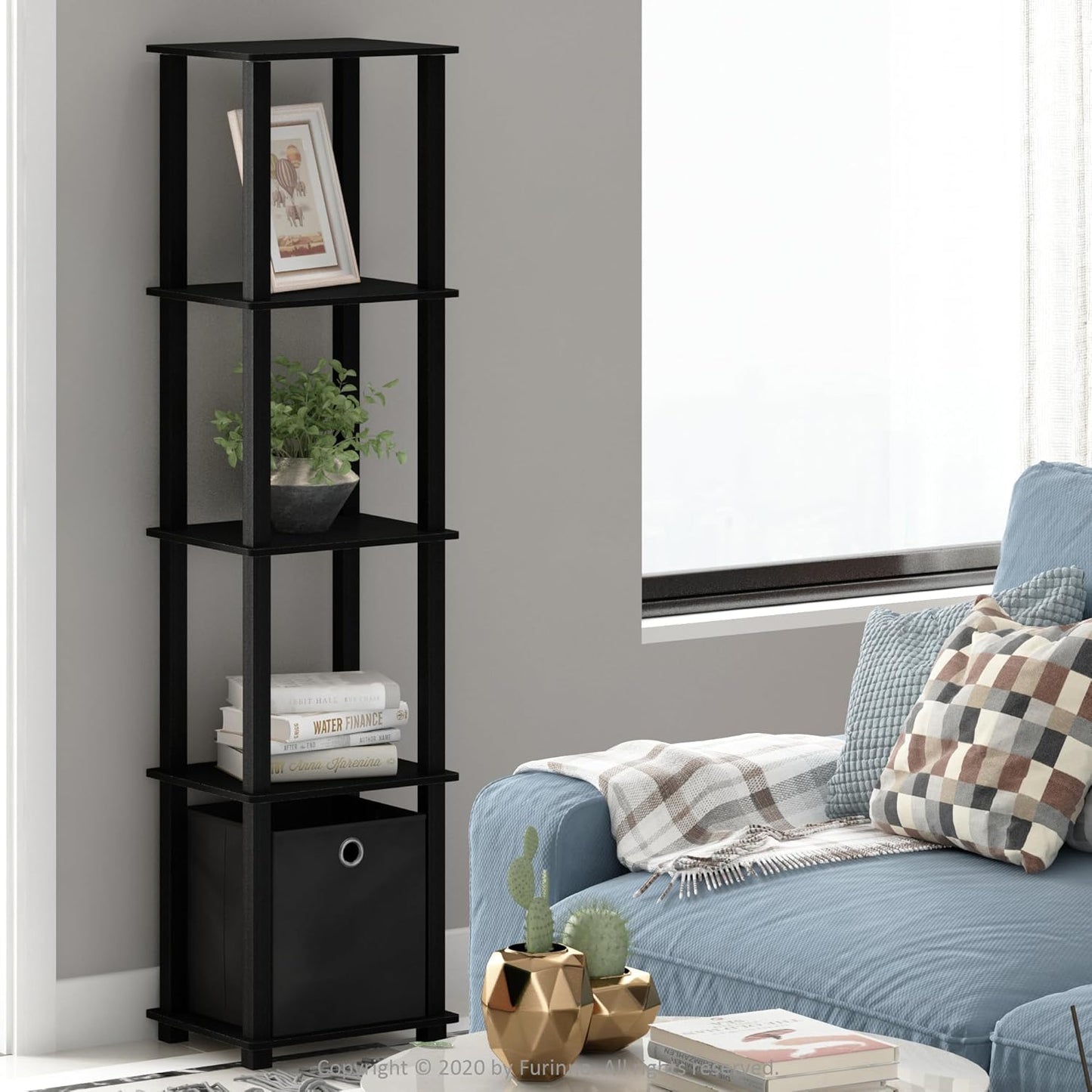 5-Tier FURINNO Black Decorative Shelf with Fabric Bin - Slim Design