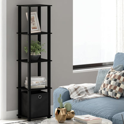 5-Tier FURINNO Black Decorative Shelf with Fabric Bin - Slim Design