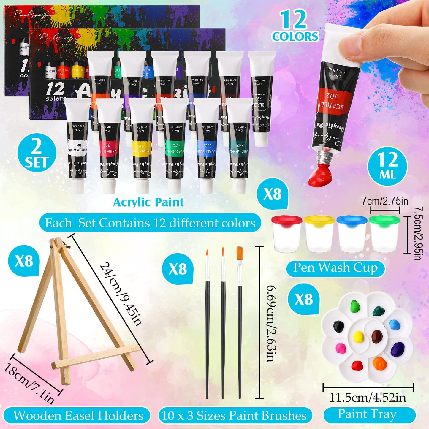 Cholemy 8 Set Paint and Sip Kit for Adults 8'' x 10'' Pre Drawn Canvas with Wooden Easels Acrylic Paint Brushes Wash Cup Palette Apron for Painting DIY Date Night Party Supplies(Landscape)