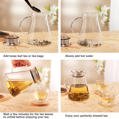 CNGLASS 30.5oz/900ml Glass Teapot Stovetop Safe,One-Touch Clear Tea Kettle,Blooming and Loose Leaf Tea Maker