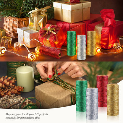 4 Rolls Christmas Metallic Bakers Twine 110 Yards Decorative Wrapping Twine String for DIY Crafts Packing Materials (Gold, Silver, Red, Green)