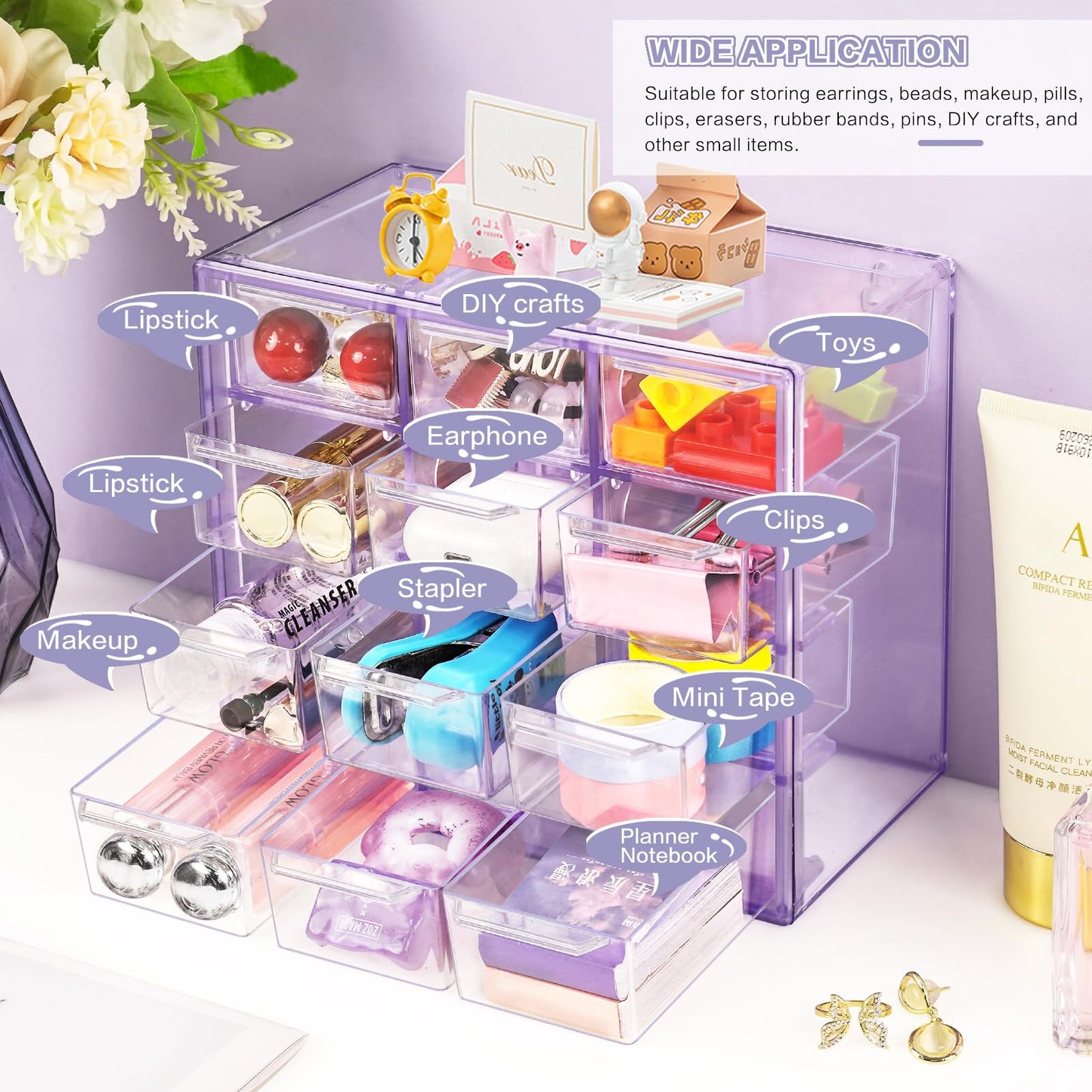 FODIENS Desk Storage Organizer with 12 Mini Drawers, Clear Desktop Craft Drawer Cabinet, Stackable Storage Box Caddy for Makeup Jewelry Office Craft Supplies (Purple)