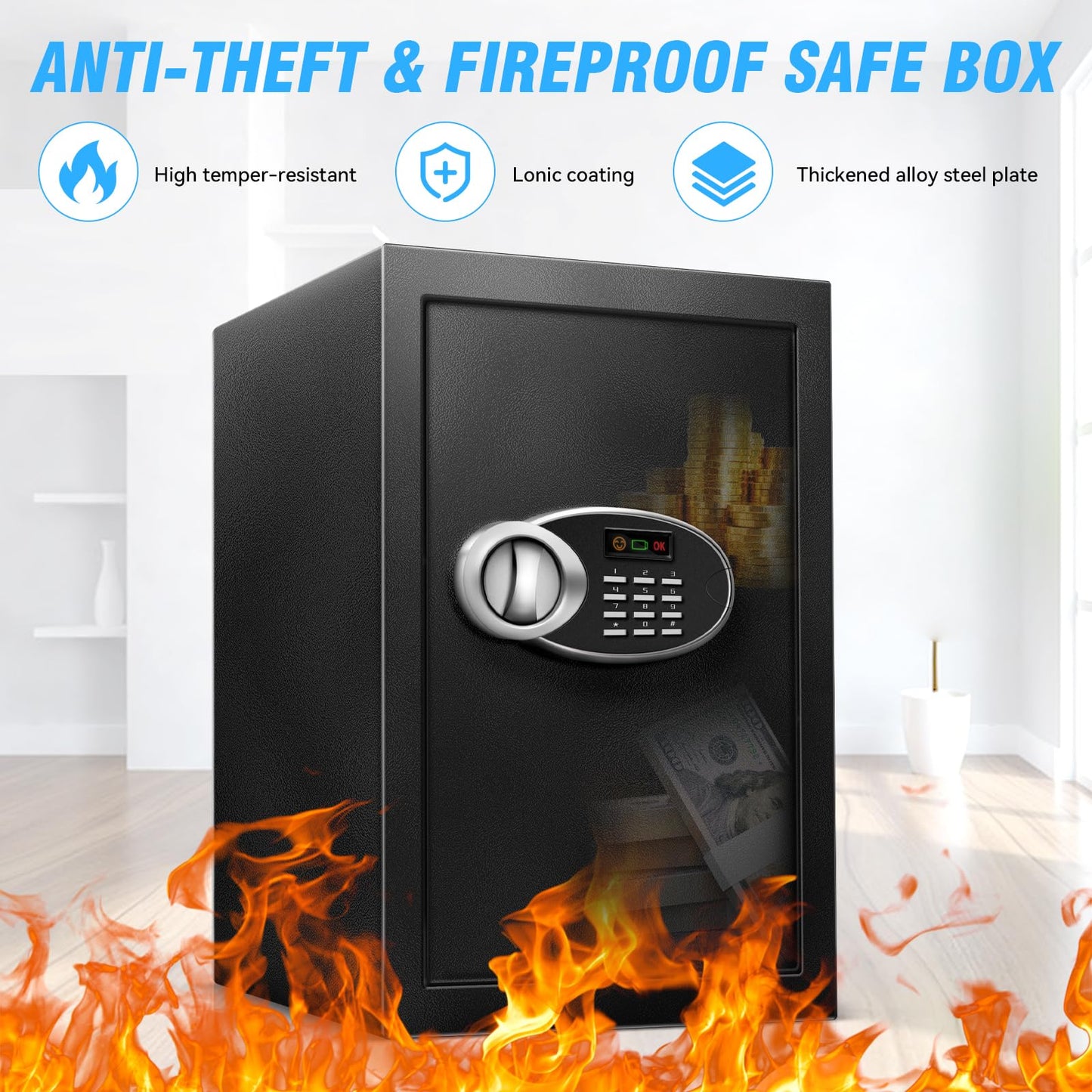2.5 Cu Ft Large Safe Box with Fireproof Waterproof for Documents - Steel Security Personal Fire Safe with Digital Keypad, Emergency Battery Box & Combination Lock, Safety Box for Valuables Money Cash
