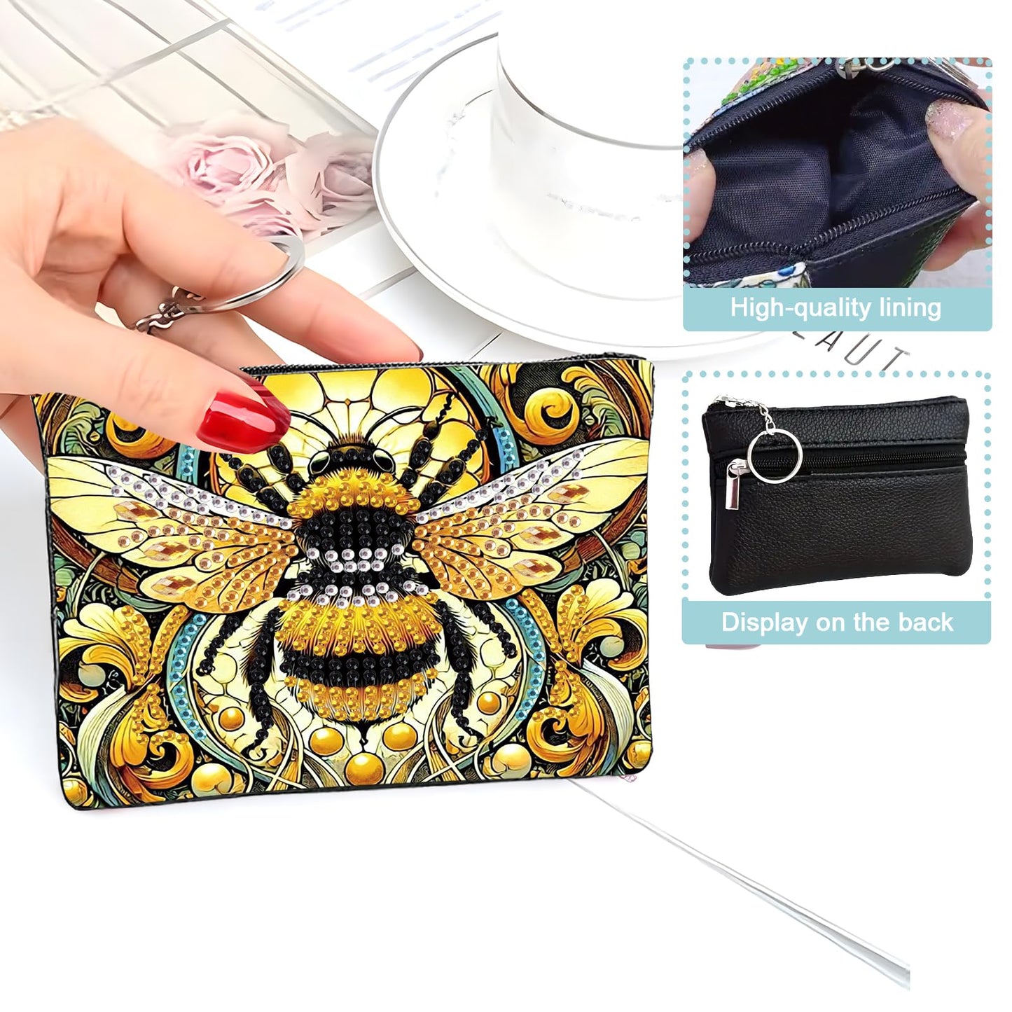 JZHYOAN Diamond Painting Small Coin Purse for Women DIY Coin Pouch Coin Purse with Zipper and Keyring Diamond Art Purses and Wallets Handbags Wallet Keychain for Cards Keys Bee