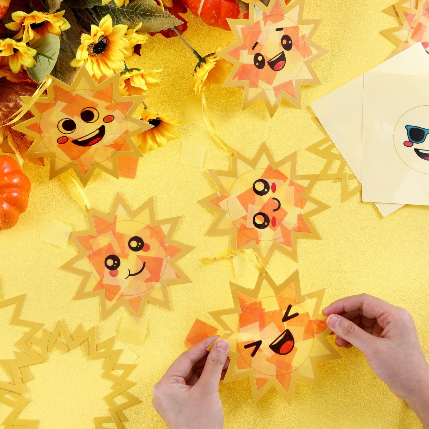 AmazingSpark 30 Pcs Sun Suncatchers Paper Craft Spring Sun Face DIY Stained Glass Effect Tissue Paper Kits Gift Bulk for Summer Sunshine Activities Art Party Decor