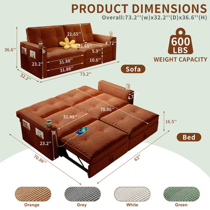 KEIKI Convertible Sofa Bed, 3 in 1 Pull Out Couch, 73" Pull Out Sofa Bed with Side Pocket for Living Room, Bedroom, Small Space, Orange