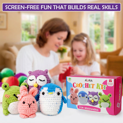 A-URA Learn to Crochet Kit for Beginners Kids and Adults, Premium 4 Animal Pattern Beginner Crochet Kits with Easy Tube Yarn & Step-by-Step Video Tutorials (Forest Friends–Standard Size)