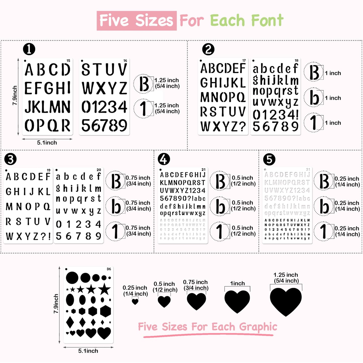 Midenco Reusable Small Letter Stencils for Painting, 36 Pcs (1/4, 1/2, 3/4, 1, 5/4 in.) Plastic Templates with Number & Alphabet - DIY Crafts