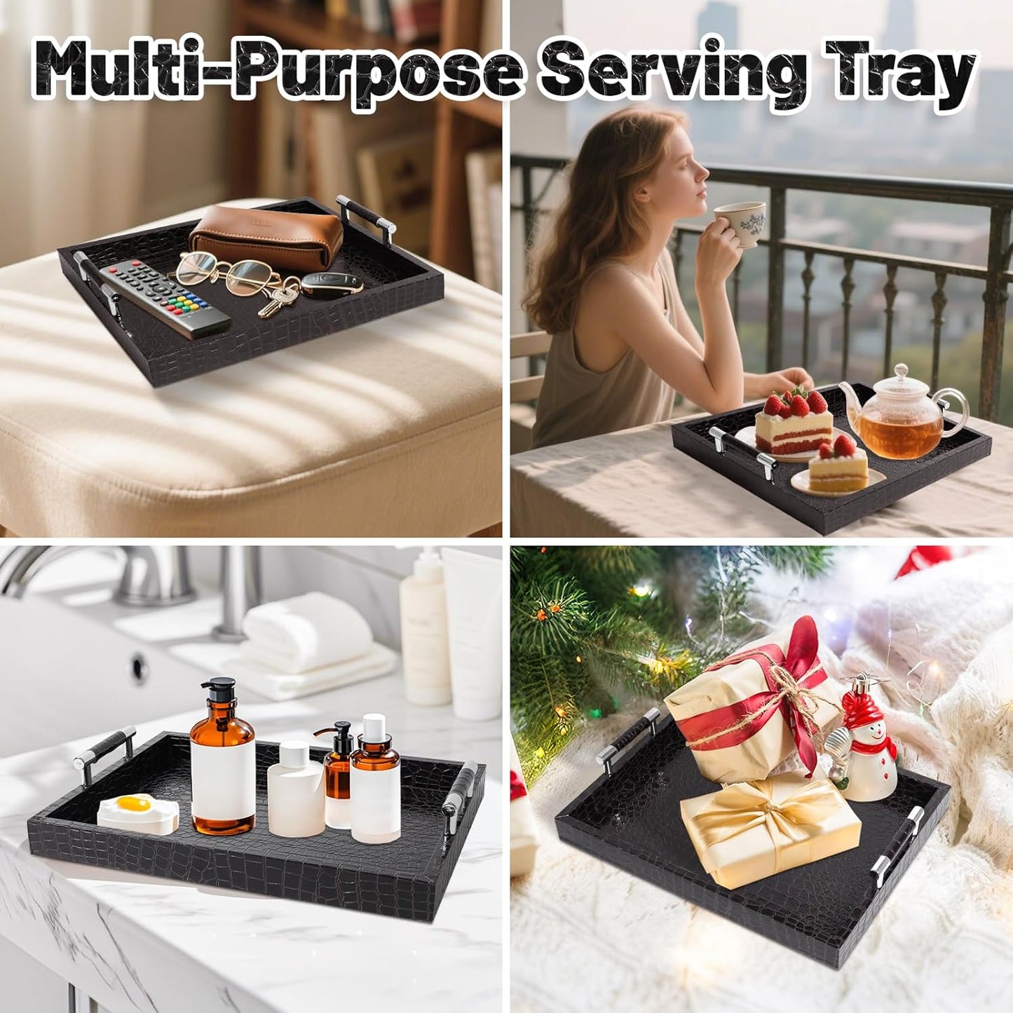 16x12inches SXNOWS Faux Leather Rectangle Serving Tray with Handles, Large Decorative Tray for Ottoman Coffee Table