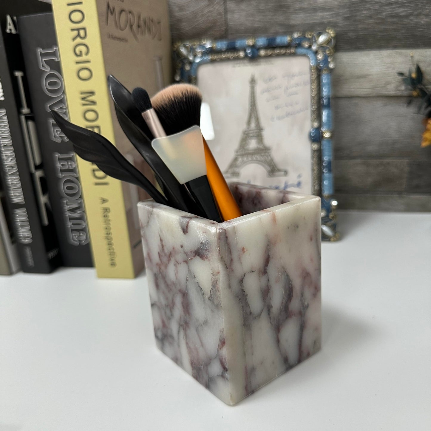 KEBTN Natural Calacatta Viola Marble Pen Holder, Luxury Square Organizer Cup, Multi-Use Hand-Polished Storage for Desk, Bathroom Vanity, Kitchen Utensils & Makeup Brushes, 2.95” x 3.74”