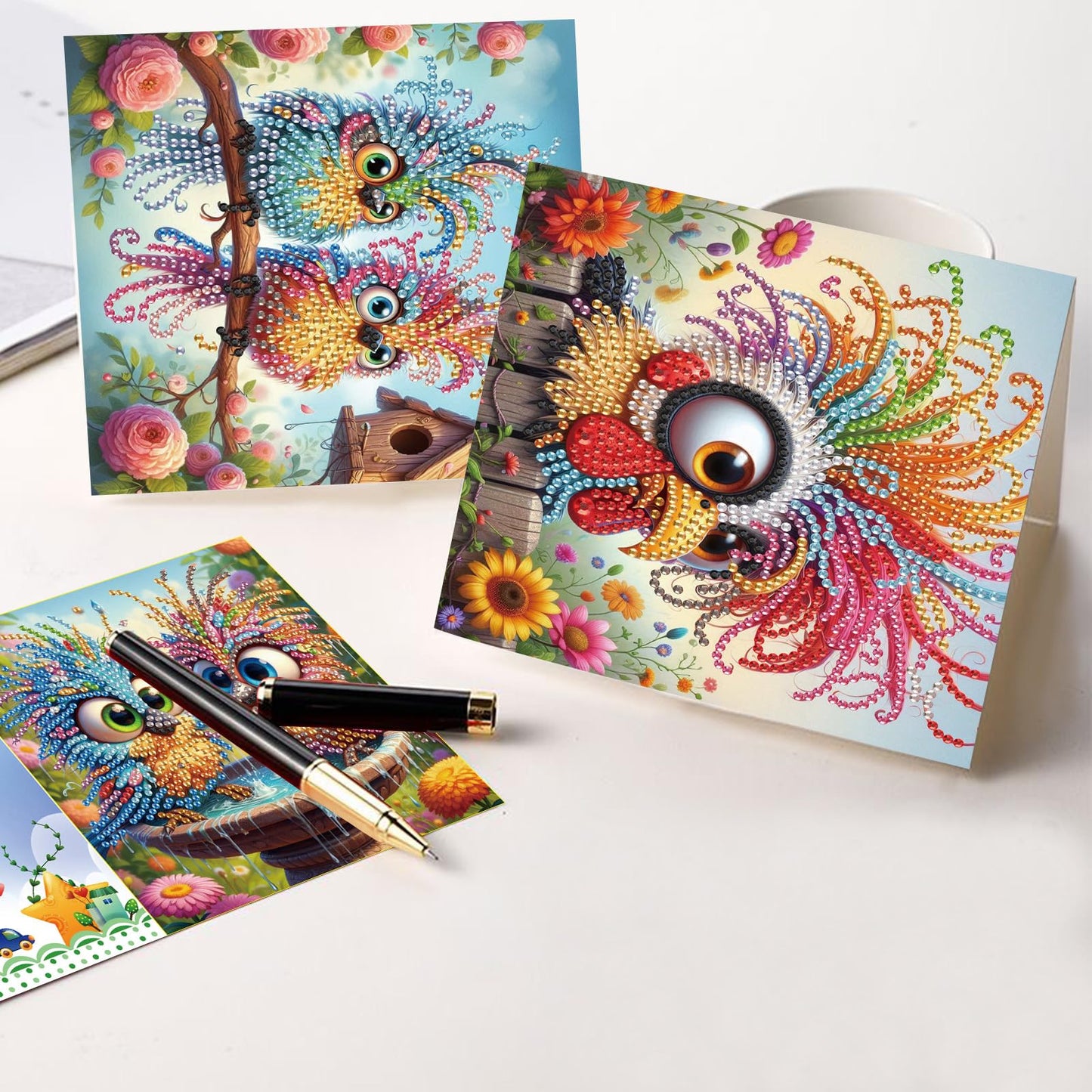 LazyFold 8Pcs DIY Diamond Art Painting Greeting Cards with Envelopes, Crazy Birds All Occasion Note Card Kit for Women, Handmade Thank You Birthday Friendship Cards Gift