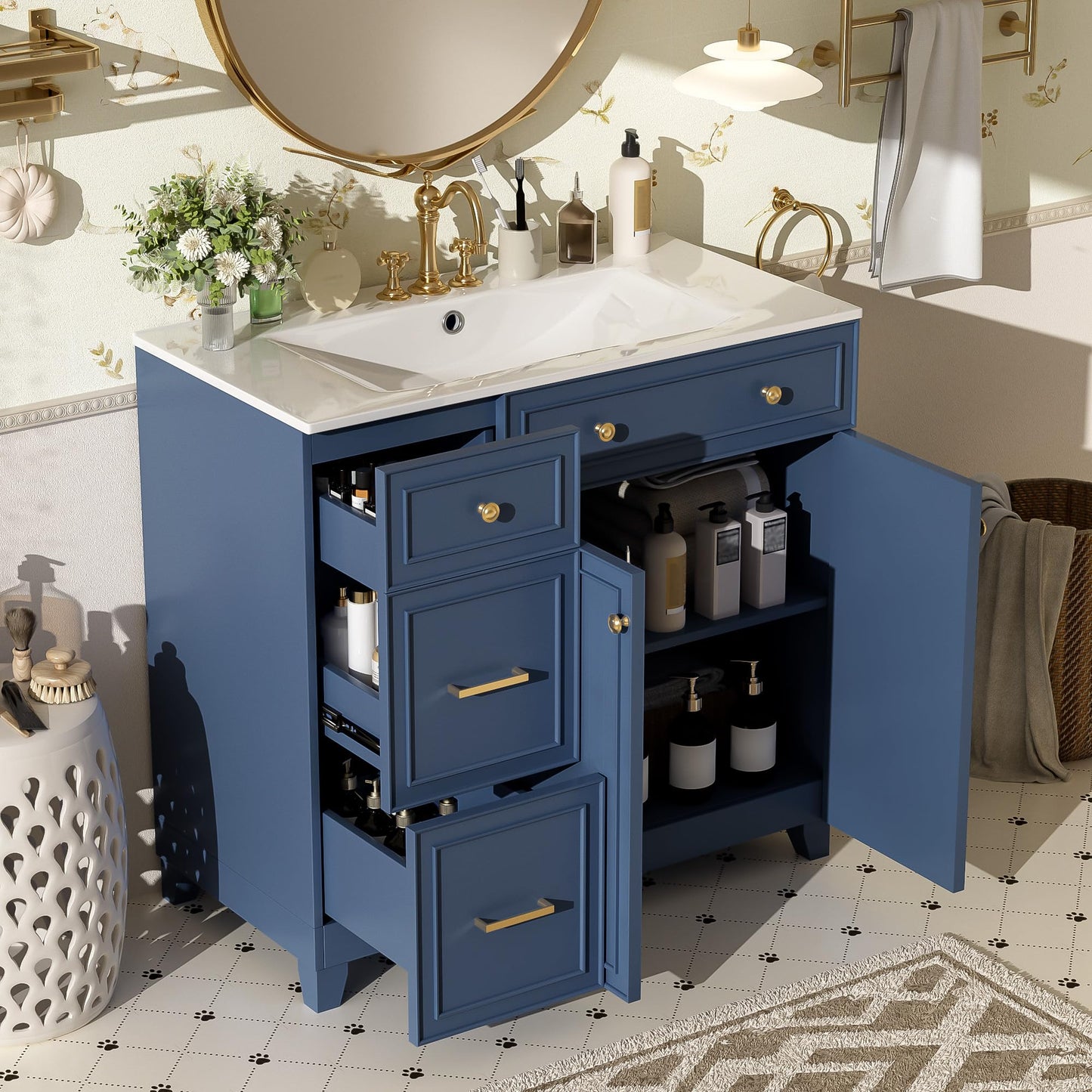 Favfurish 36" Bathroom Vanity with Ceramic Sink Combo,Free Standing Cabinet with Double-Layer Drawers and 3 Drawers,Solid Wood Bathroom Storage with Soft Close Doors,Adjustable Shelf,Modern,Blue