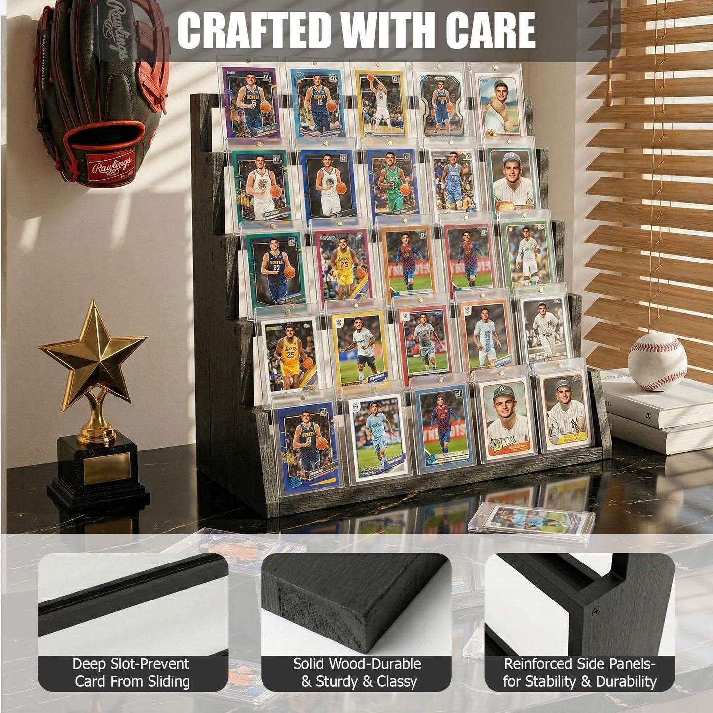 2 Pack 5 Tier Wooden Card Display Stand – Vertical Card Holder Display for Trading Cards, Game Cards, Sports Cards, Graded PSA/BGS/SGC, Baseball, Basketball&Football(Soccer) Card Stand, Desk & Shelf Organize,Black