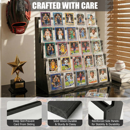 2 Pack 5 Tier Wooden Card Display Stand – Vertical Card Holder Display for Trading Cards, Game Cards, Sports Cards, Graded PSA/BGS/SGC, Baseball, Basketball&Football(Soccer) Card Stand, Desk & Shelf Organize,Black