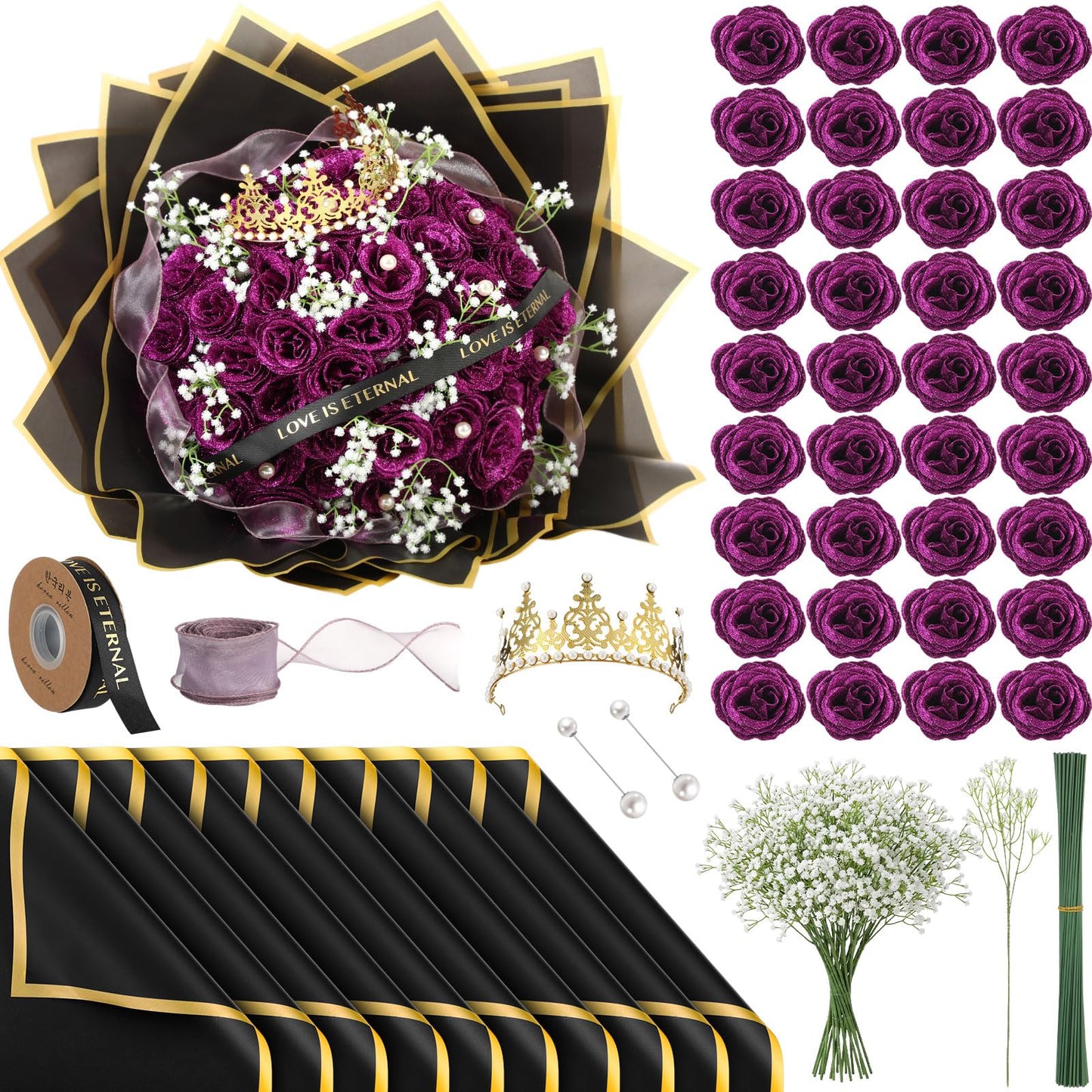 Suncalla 52 Pcs Purple Glitter Roses Bouquet DIY Kit, Large Sparkly Artificial Flowers with Crown and Wrapping Paper, Everlasting Rose Gift for Mother's Day, Graduation, Birthday, Anniversary
