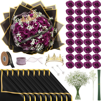 Suncalla 52 Pcs Purple Glitter Roses Bouquet DIY Kit, Large Sparkly Artificial Flowers with Crown and Wrapping Paper, Everlasting Rose Gift for Mother's Day, Graduation, Birthday, Anniversary