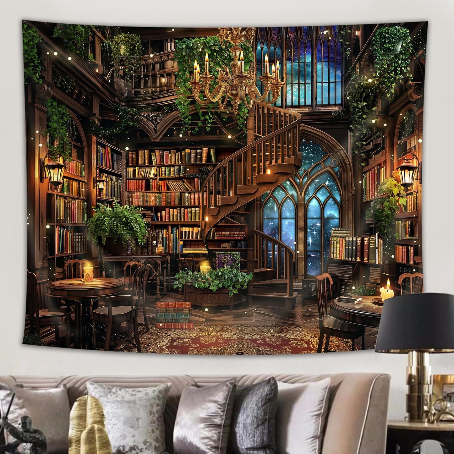 59Wx51H Inch Riyidecor Magical Library Tapestry Fairy Tale Mysterious Mysty Bookshelf Wall Hanging Study Magic Book