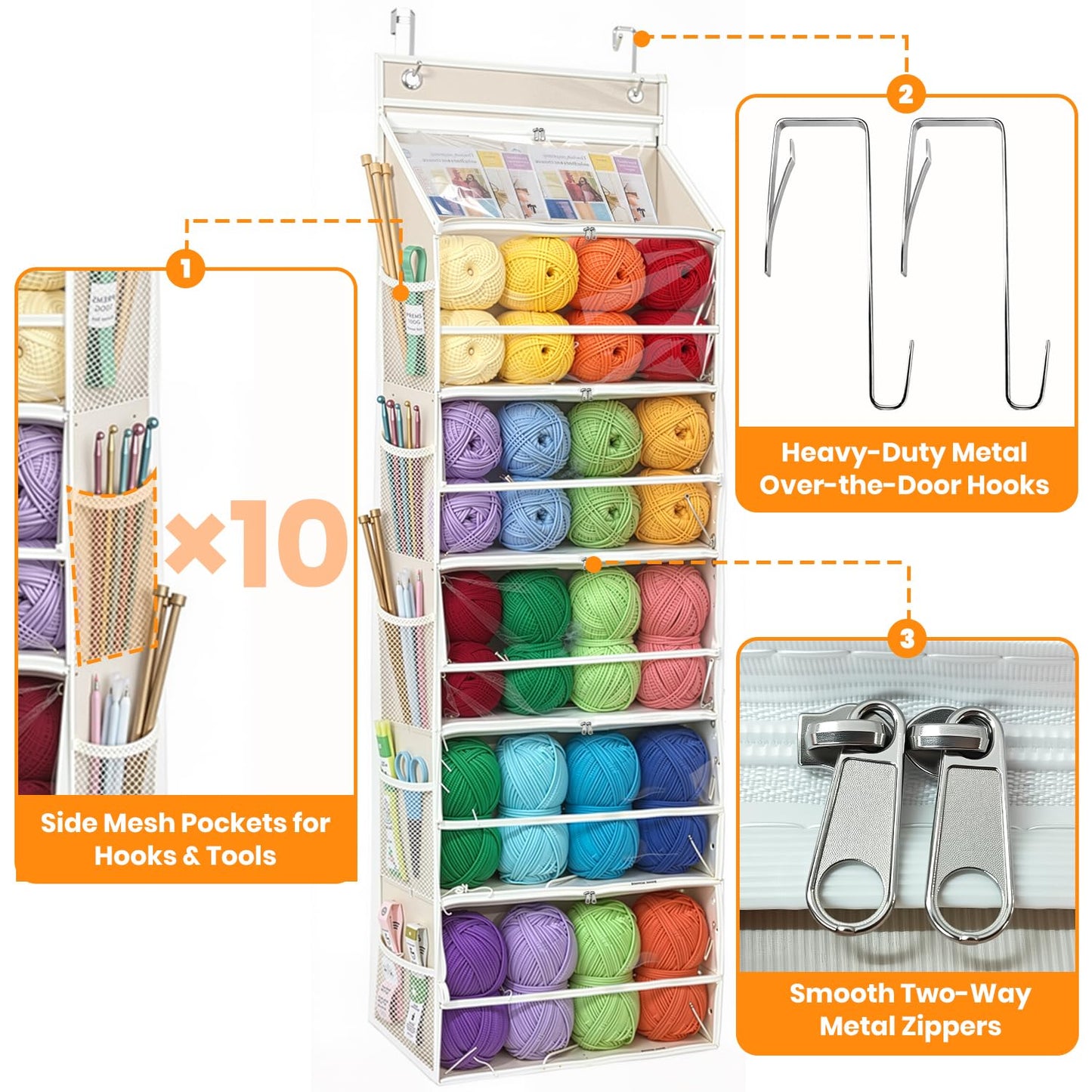 LASTORA Heavy-Duty Oxford Hanging Yarn Storage Organizer with 6 Tiers, Odorless Over the Door Yarn Holder for Crochet and Knitting Lovers, 5 Large Pockets + 1 Tool Section