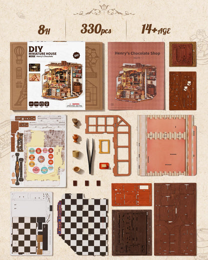 Rolife DIY Miniature House Kit Henry's Chocolate Shop, Tiny House Book Nook for Bookshelf Decor, 3D Puzzles Model Building Kits for Teens, Birthday Gifts/Craft Kits for Girls Boys (Henry's Chocolate)