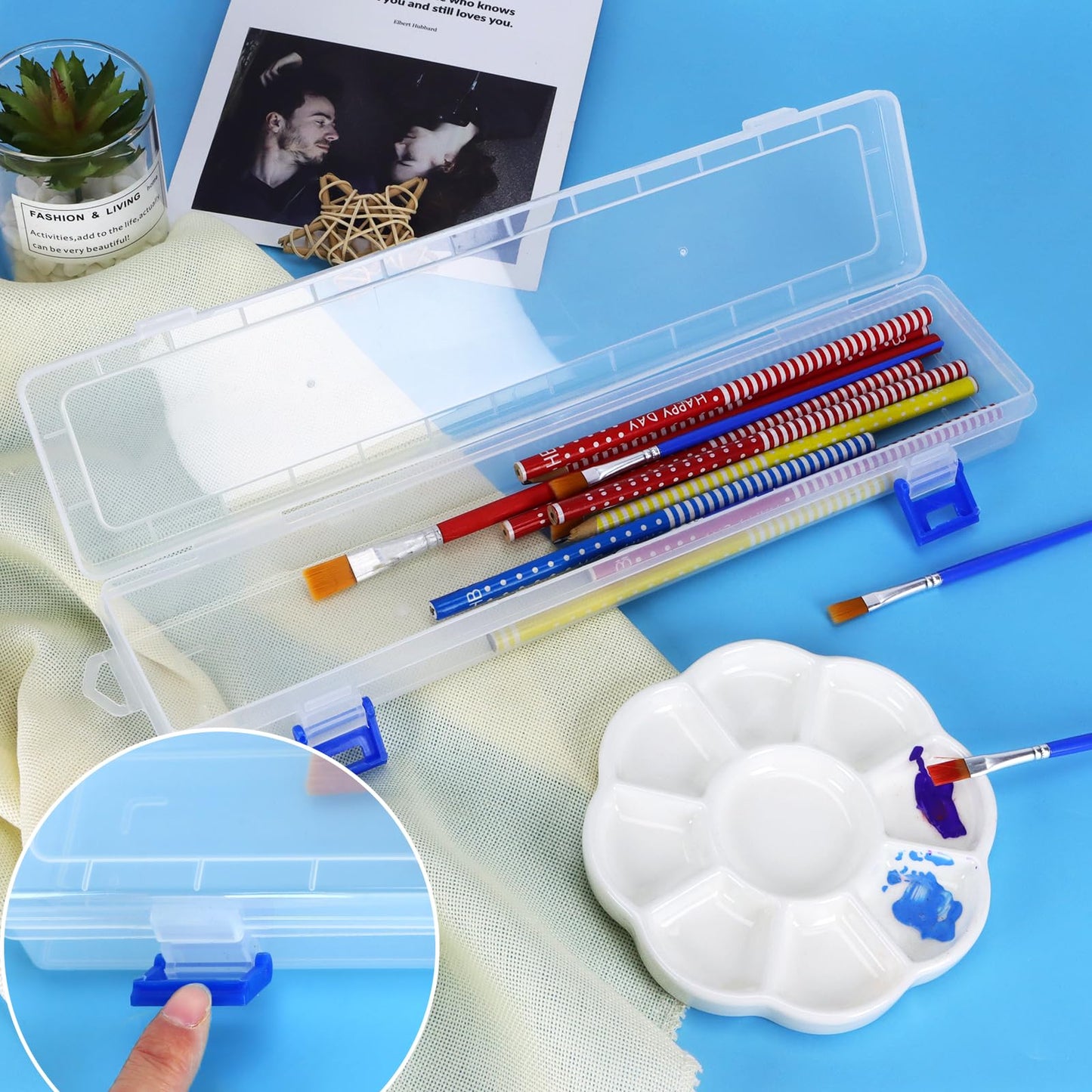 FIREBOOMOON 3 Pack Translucent Plastic Paint Brush Holder, Long Paint Brushes Watercolor Pens Pencils Drawing Tools Storage Box Container Case(13" x 2.8" x 1.4")