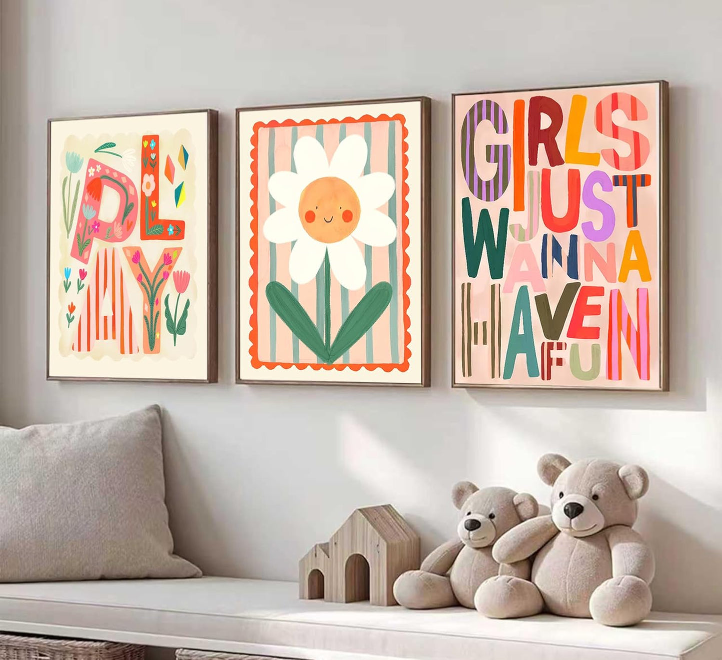 12x16 Inch, Set 3 Boho Floral Sun Nursery Wall Art Girls Just Wanna Have Fun Positivity Affirmation Rainbow Print