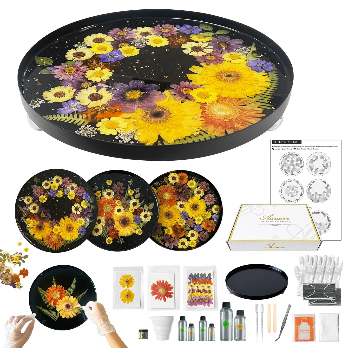 Auraeve All-in-One Craft Resin Kit for Adult - Create Your Own Real Flower Tray, Gift for Crafter Women, Beginner Friendly, Use as Vanity, Perfume, Trinket Organizer, 11.8" (Black-Pro)