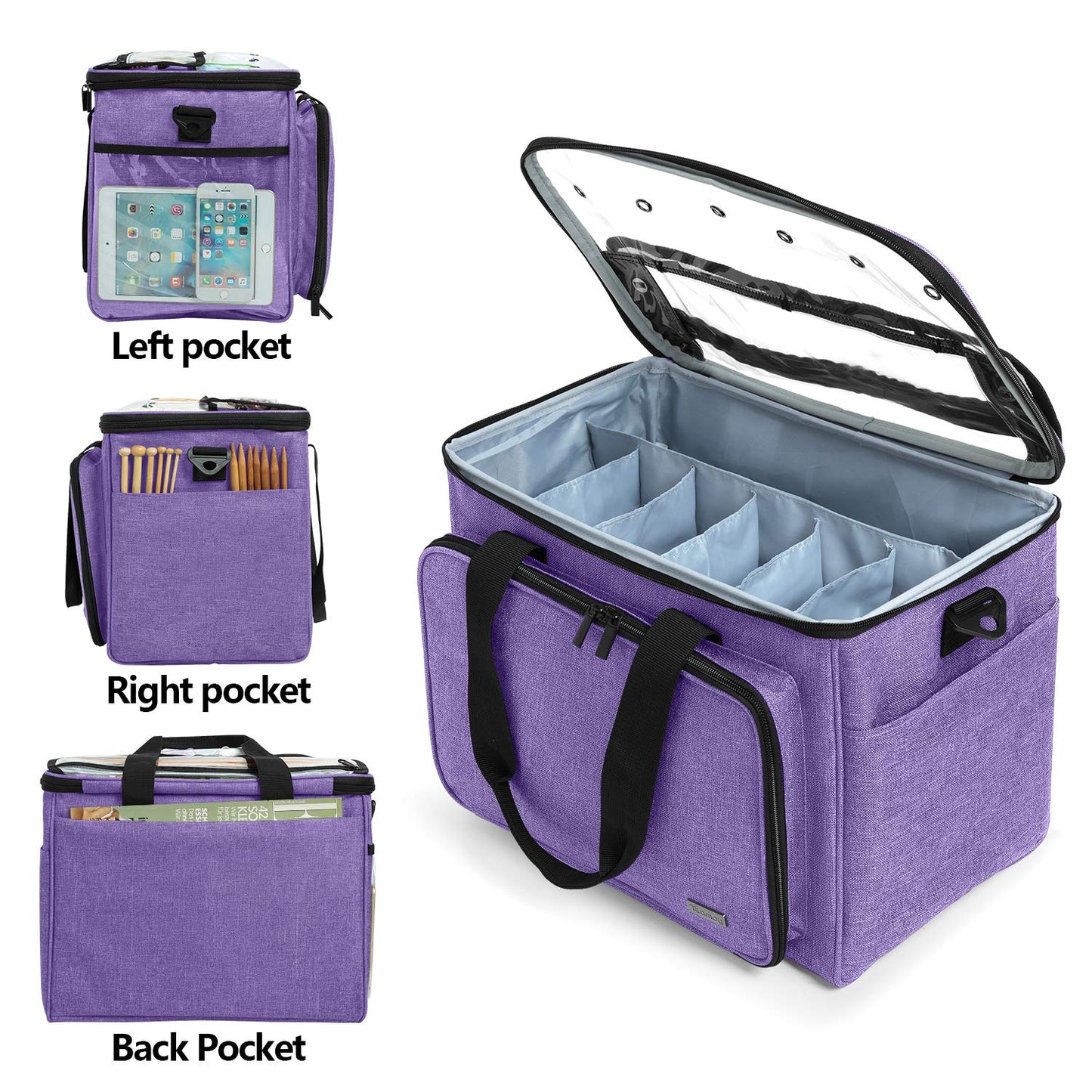 Teamoy Knitting Bag, Yarn Tote Organizer with Inner Divider (Sewn to Bottom) for Crochet Hooks, Knitting Needles(Up to 14"), Project and Supplies, Purple -No Accessories Included