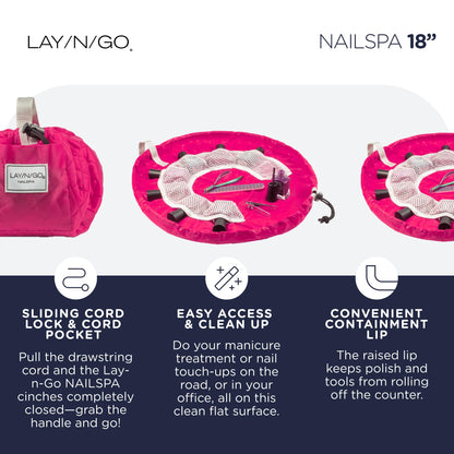 Lay-n-Go NailSpa 18″ Portable Nail Station Supplies & Cosmetic Lay Flat Organizer Bag— Travel Manicure Kit w/Mesh Pockets & Machine Washable (Pink)