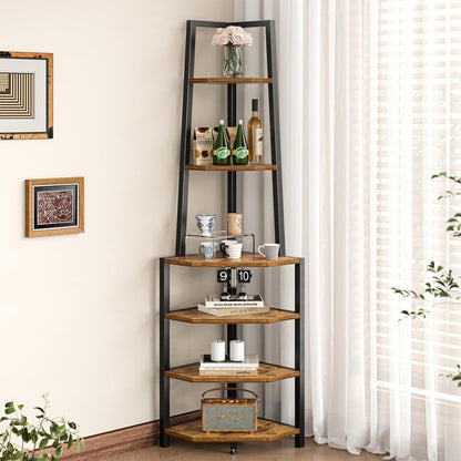 VECELO 6 Tier Corner Shelf 69 Inch Industrial Bookshelf with Metal Frame, Multipurpose Tall Plant Stand with Opening Display Shelves for Living Room, Bedroom, Home Office, Small Space, Brown
