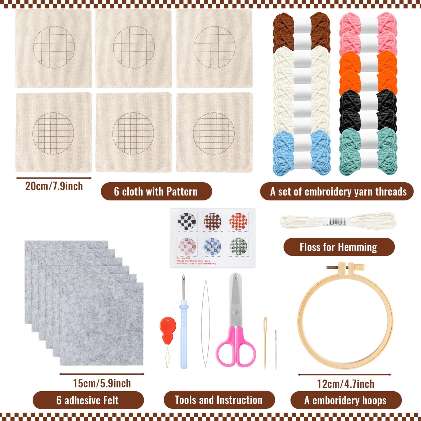 WATINC Checkerboard Punch Needle Coaster Kit - 22Pcs Crafts Punch Needle Coasters Kits for Beginners, Checkerboard Patterns Coaster Tufted Rug Pads with Adhesive Felt Yarns Embroidery Hoop Instruction