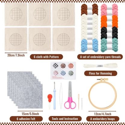 WATINC Checkerboard Punch Needle Coaster Kit - 22Pcs Crafts Punch Needle Coasters Kits for Beginners, Checkerboard Patterns Coaster Tufted Rug Pads with Adhesive Felt Yarns Embroidery Hoop Instruction