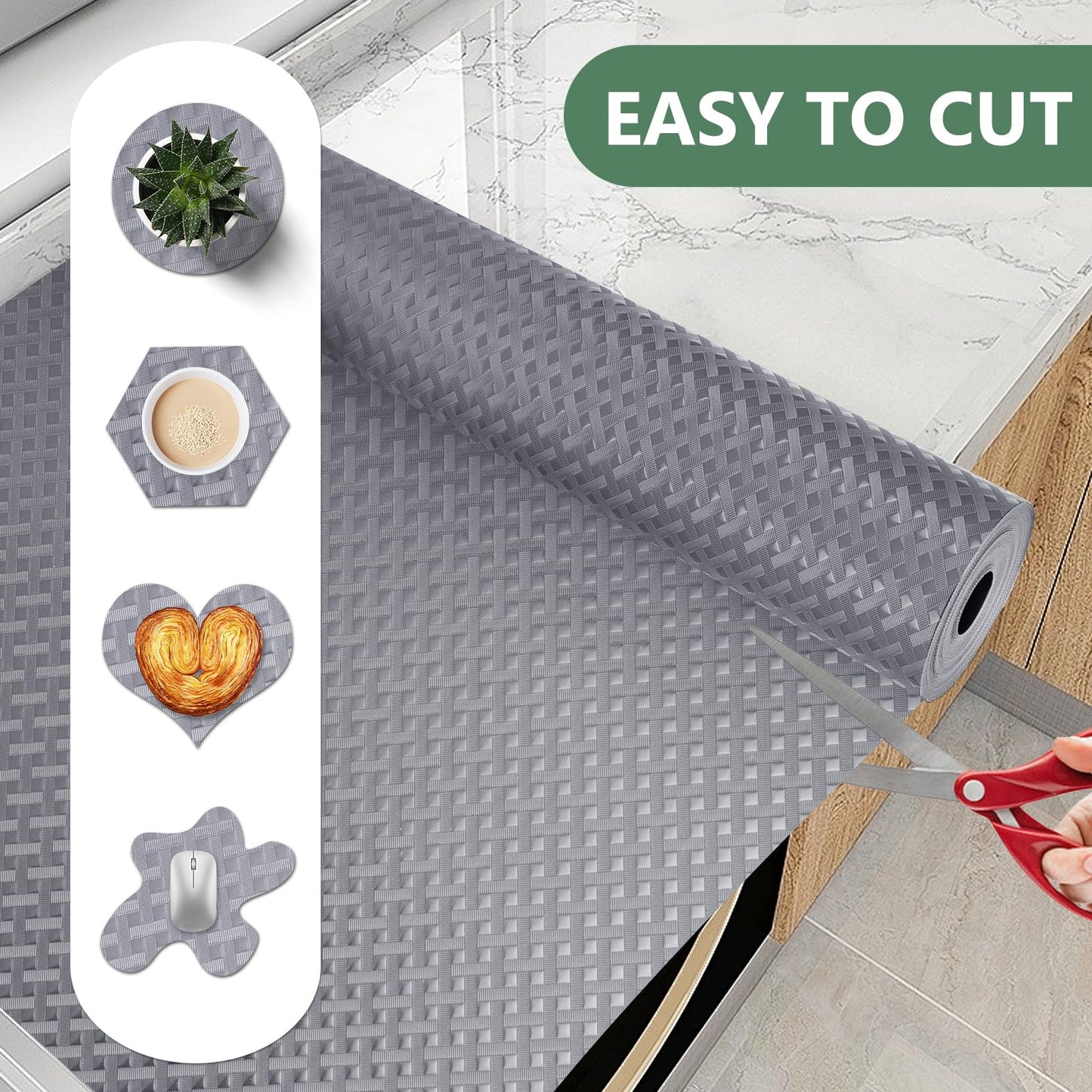 Origuuds Shelf Liners, Non-Adhesive Drawer Liner, Waterproof & Oil-Proof Kitchen Cabinet Cupboard Liner Plastic EVA Material BPA Free Fridge Liner Mats Paper Protector for Shelves (Grey/12in x 120in)