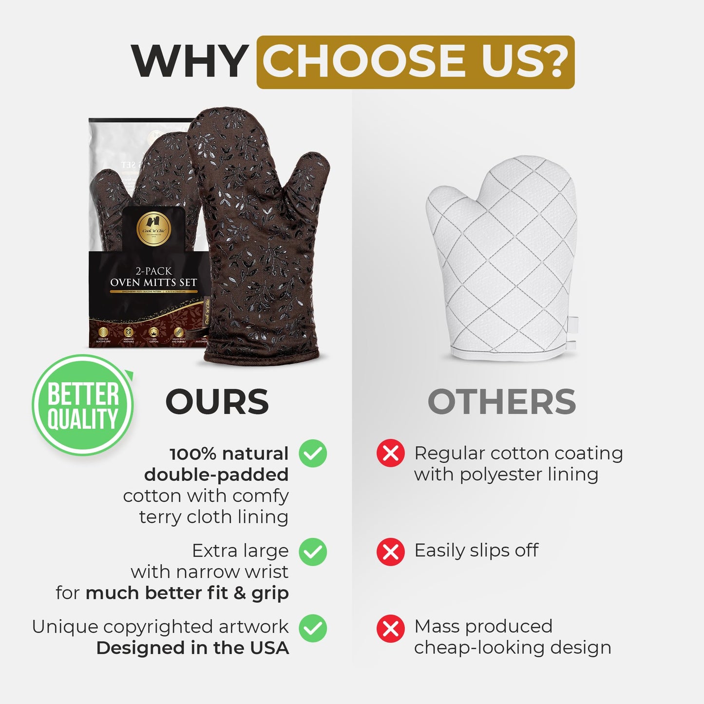 Premium Heat-Resistant Oven Mitts - Stylish and Beautiful - Non-Slip Platinum Silicone Grip - Long and Thick - 100% Natural Cotton Exterior and Soft Terry Cloth Lining - Cook'n'Chic Set of 2 - Brown
