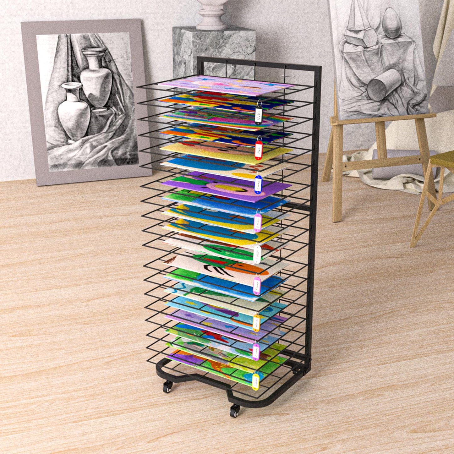 Xstermism Art Drying Rack for Classroom,Paint Drying Rack On Wheels with 19 Removable Shelves,Study Metal Art Storage Rack for Art Studios,Schools