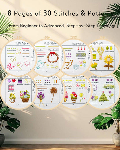 CIZULFY Beginner Embroidery Stitch Book Kit with Pre-Printed Fabric, 30 Essential Stitches and Practice Patterns(Floral Animal etc), Embroidery Beginner kit Adult with Tool and Video Guide