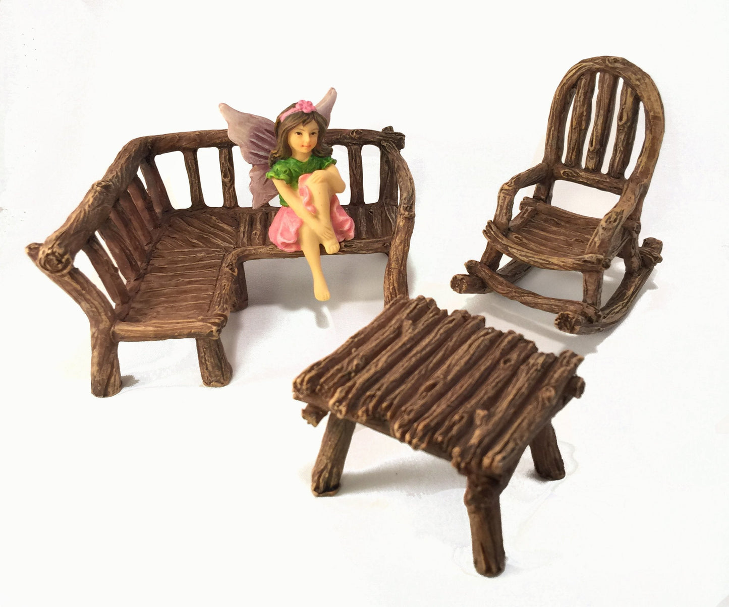 GlitZGlam Miniature Fairy Garden Furniture 3-Piece: Rustic Wood Bench, Rocking Chair and Miniature Table for The Garden Fairies
