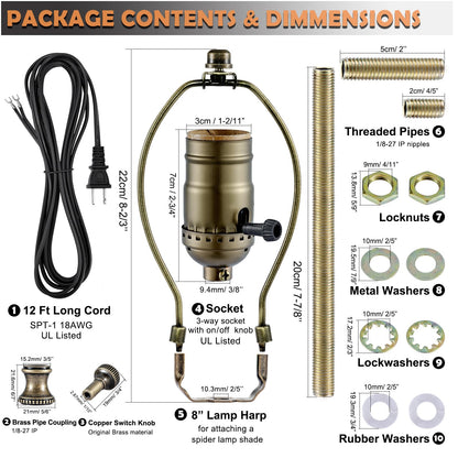 Lamp Rewire Kit - 3-Way Socket With Matching Cord and Harp Set for Table or Floor Lamp Repair, Essential Hardware for DIY Design (Antique Brass, 1)