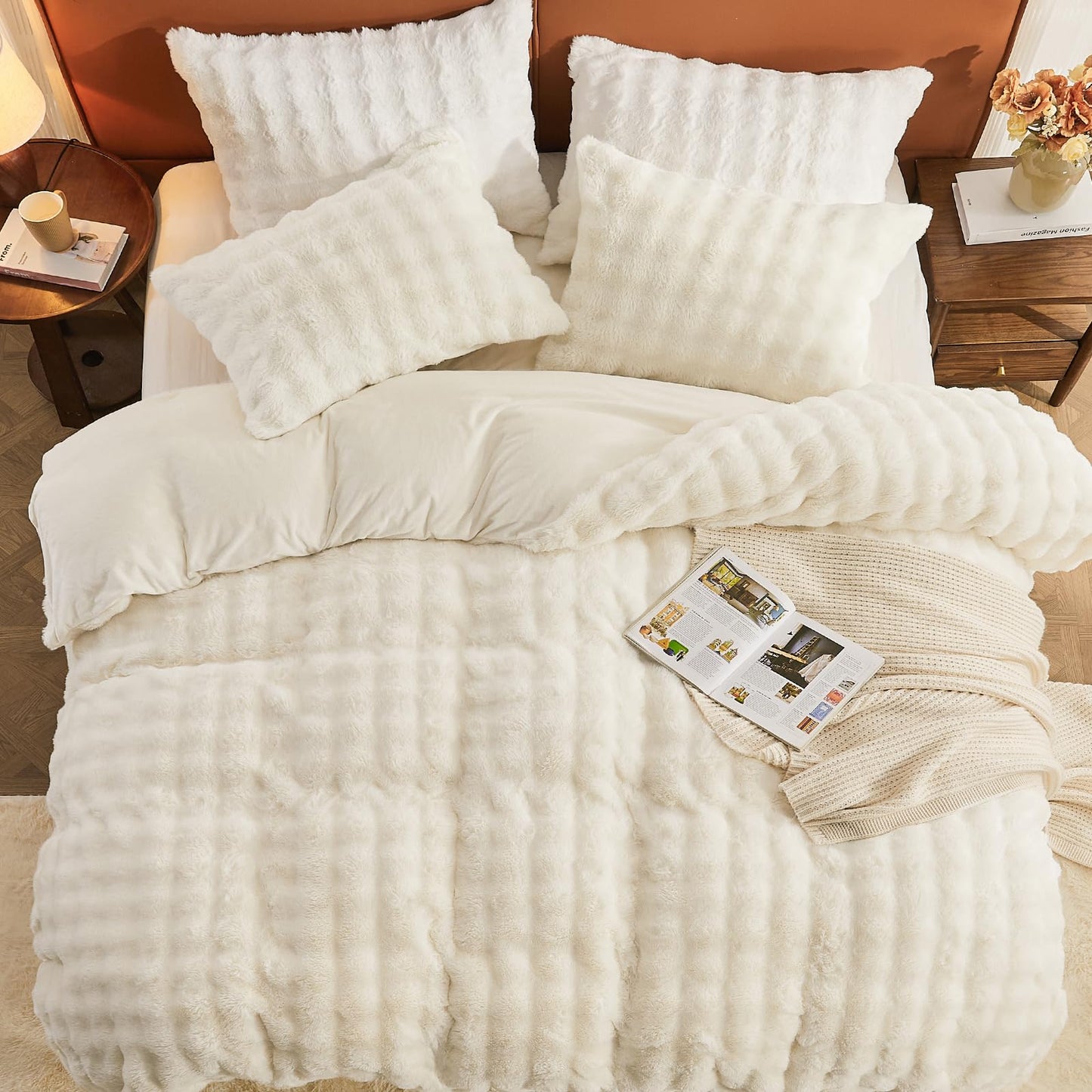 EMME Faux Fur Duvet Cover King Size, 3 Pieces Ultra Soft Fluffy Comforter Cover, Cozy Warm for Winter, Luxury Elegant Shaggy Bubble Design Bedding, 1 Duvet Cover & 2 Pillow Shams (King, Cream White)